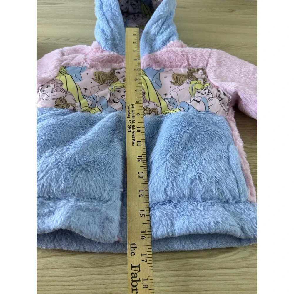 Disney Princess Reversible Puffer Jacket Girls 2T Pink Blue Faux Fur Hooded Coat